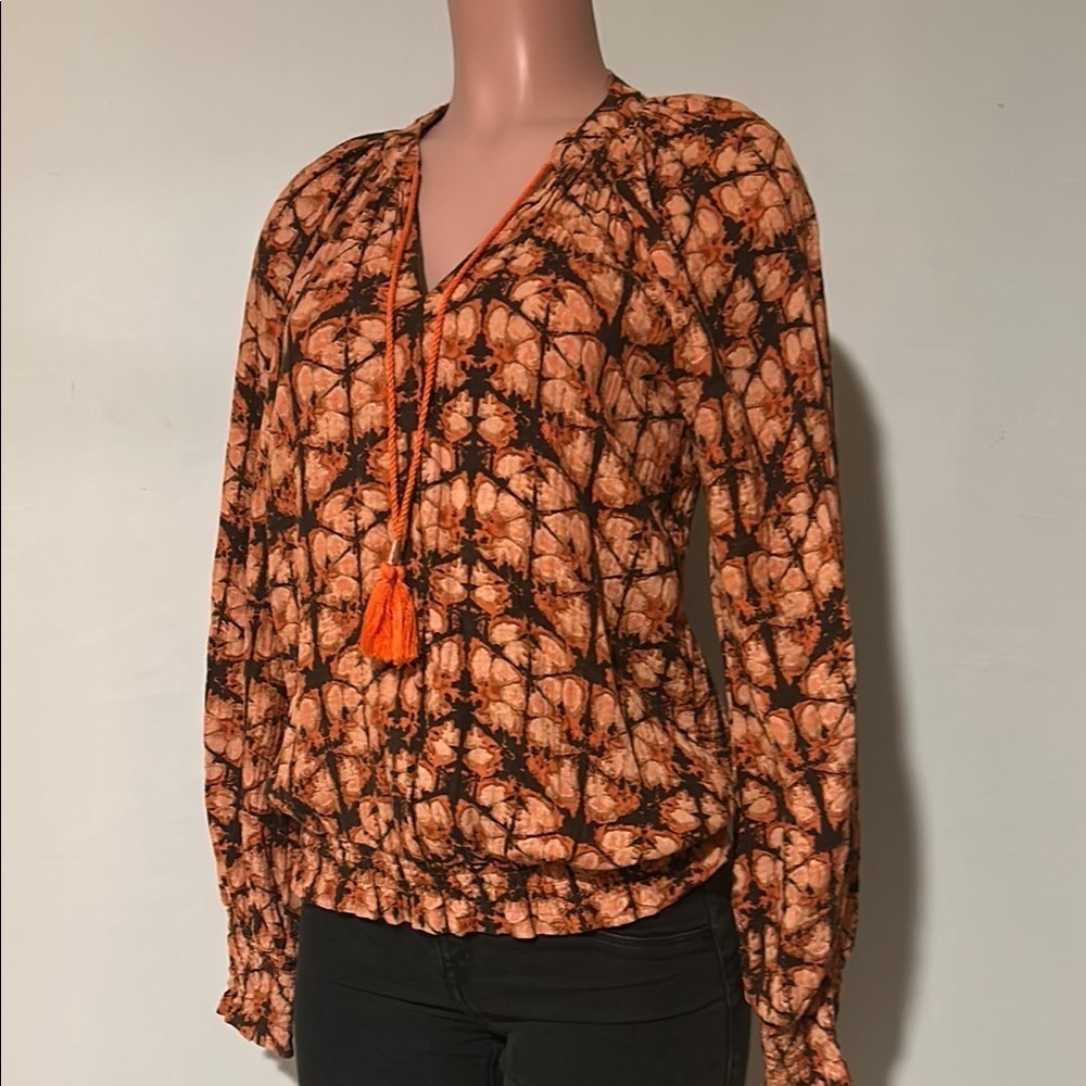 Anthropologie Porridge cotton long sleeve tie neck elastic waist shirt top Sz S - Picture 2 of 10
